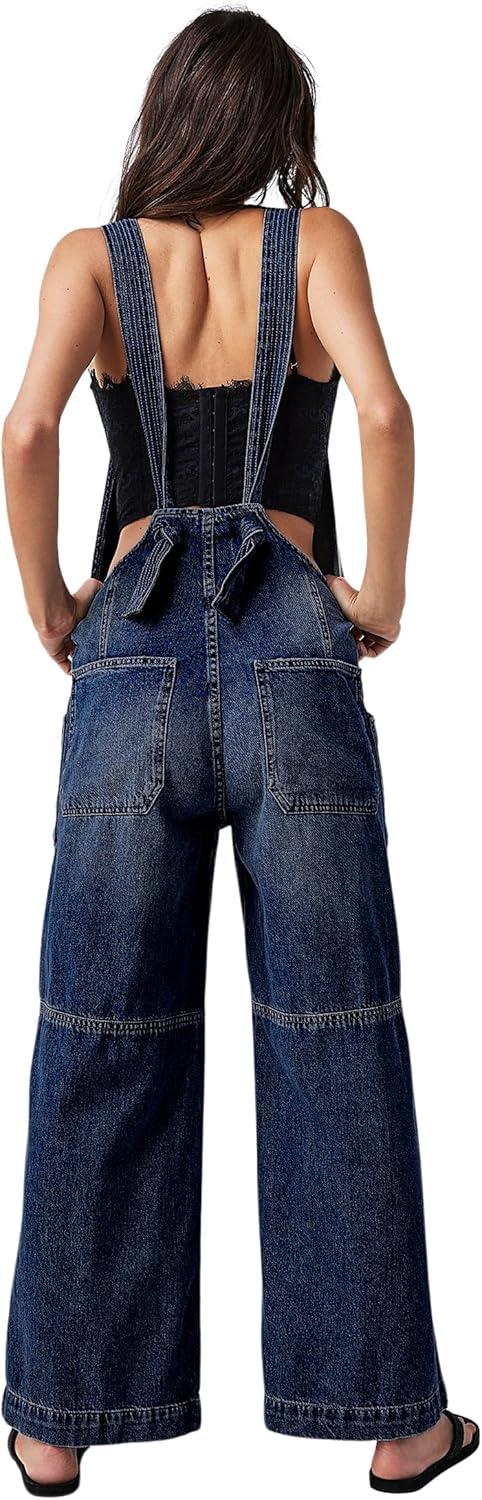 imageCHARTOU Casual Denim Jumpsuit for Women Overalls Wide Leg Jumpsuit Jeans Denim Bib Overalls Dungaree PocketsDark Blue