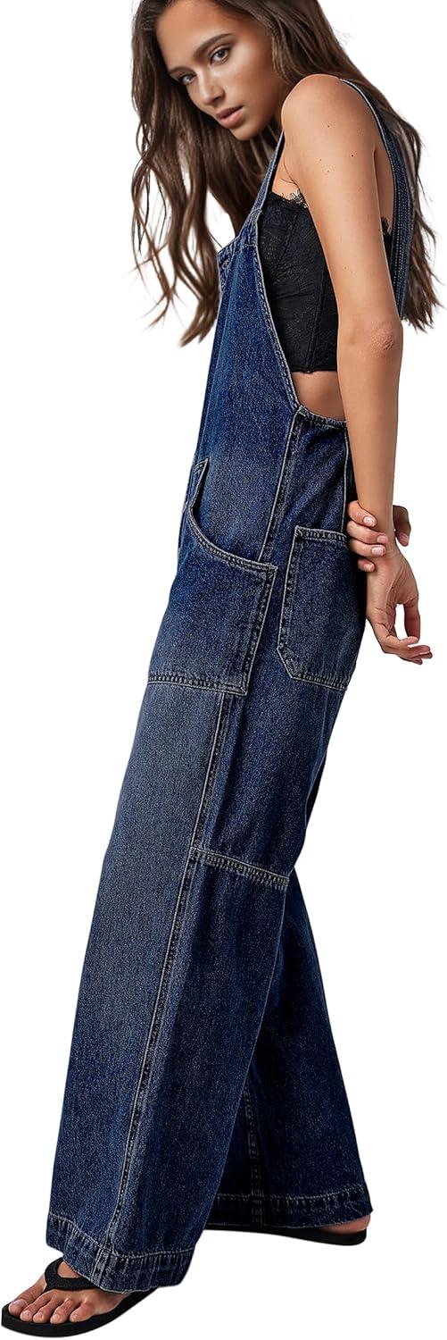 imageCHARTOU Casual Denim Jumpsuit for Women Overalls Wide Leg Jumpsuit Jeans Denim Bib Overalls Dungaree PocketsDark Blue