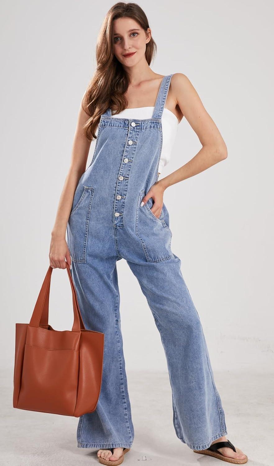 imageCHARTOU Casual Denim Jumpsuit for Women Overalls Wide Leg Jumpsuit Jeans Denim Bib Overalls Dungaree PocketsLight Blue