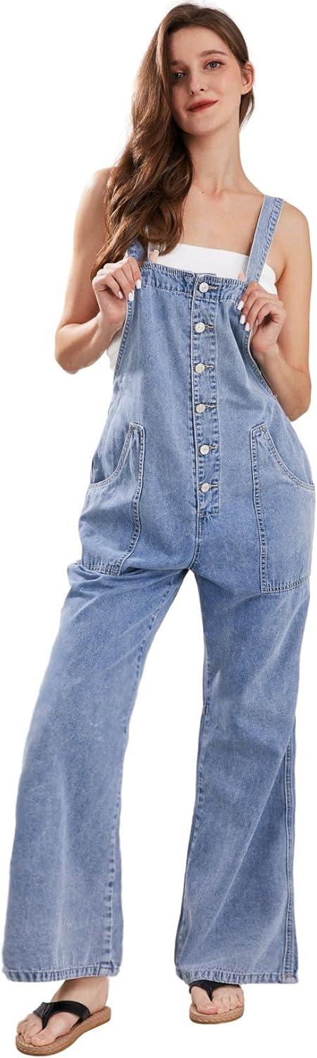 imageCHARTOU Casual Denim Jumpsuit for Women Overalls Wide Leg Jumpsuit Jeans Denim Bib Overalls Dungaree PocketsLight Blue