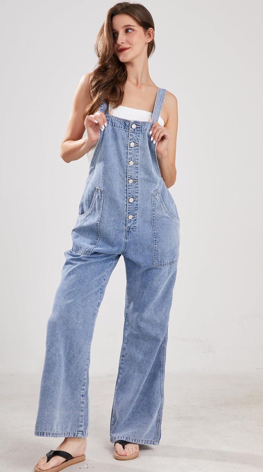 imageCHARTOU Casual Denim Jumpsuit for Women Overalls Wide Leg Jumpsuit Jeans Denim Bib Overalls Dungaree PocketsLight Blue
