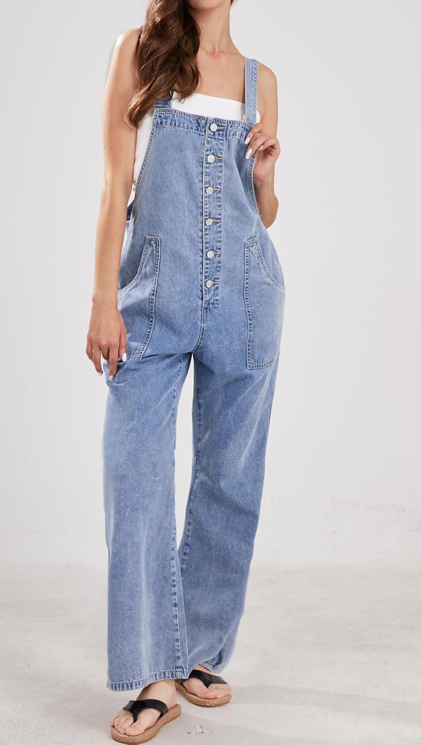 imageCHARTOU Casual Denim Jumpsuit for Women Overalls Wide Leg Jumpsuit Jeans Denim Bib Overalls Dungaree PocketsLight Blue