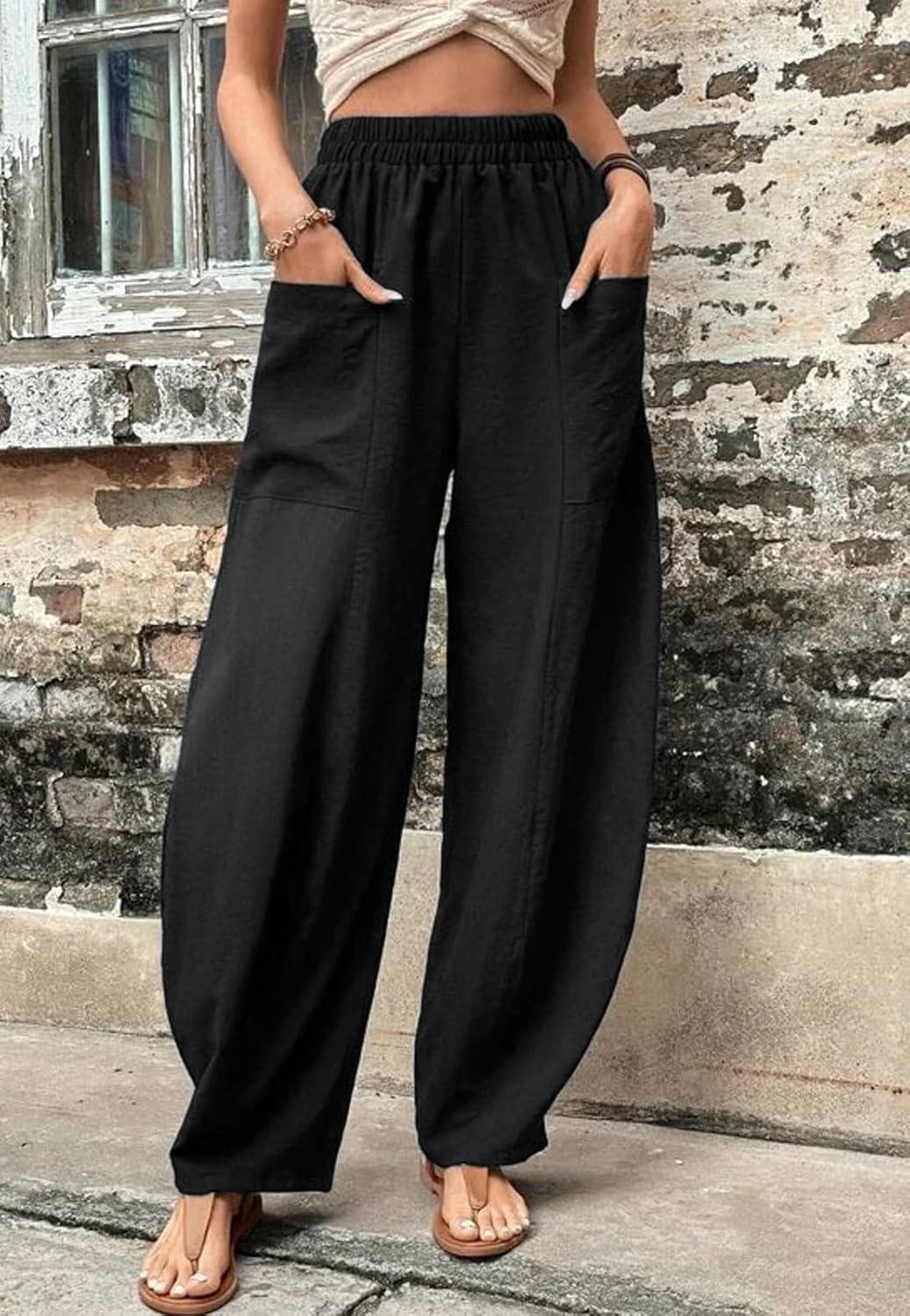 imageCHARTOU Casual Elastic Waist Harem Pants Women with Pockets Summer Barrel Pants Palazzo Sweatpants Lightweight SlacksBlack
