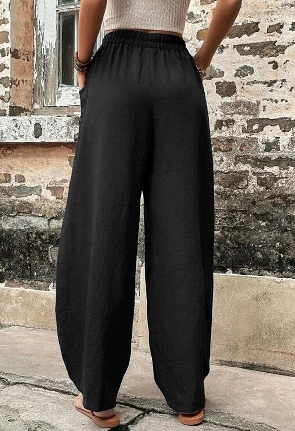 imageCHARTOU Casual Elastic Waist Harem Pants Women with Pockets Summer Barrel Pants Palazzo Sweatpants Lightweight SlacksBlack
