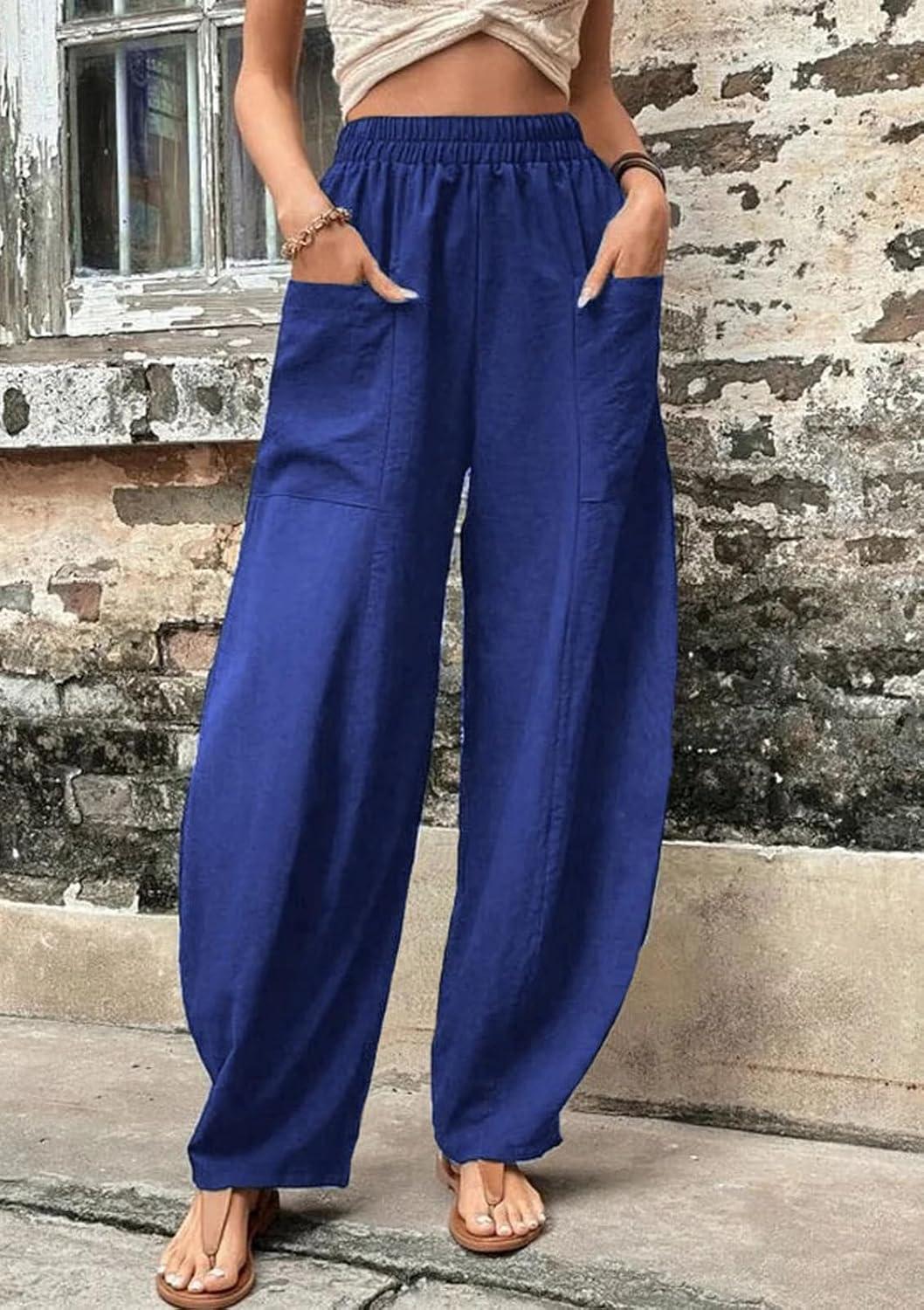 imageCHARTOU Casual Elastic Waist Harem Pants Women with Pockets Summer Barrel Pants Palazzo Sweatpants Lightweight SlacksBlue