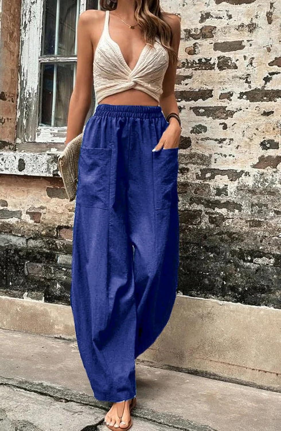 imageCHARTOU Casual Elastic Waist Harem Pants Women with Pockets Summer Barrel Pants Palazzo Sweatpants Lightweight SlacksBlue