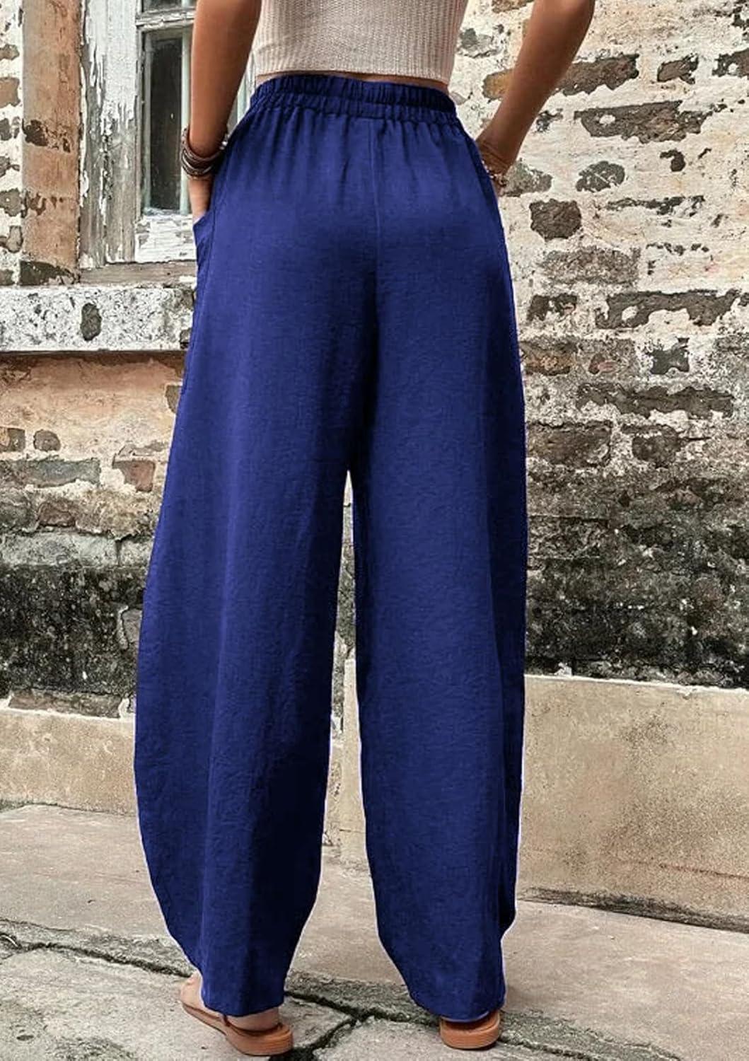 imageCHARTOU Casual Elastic Waist Harem Pants Women with Pockets Summer Barrel Pants Palazzo Sweatpants Lightweight SlacksBlue