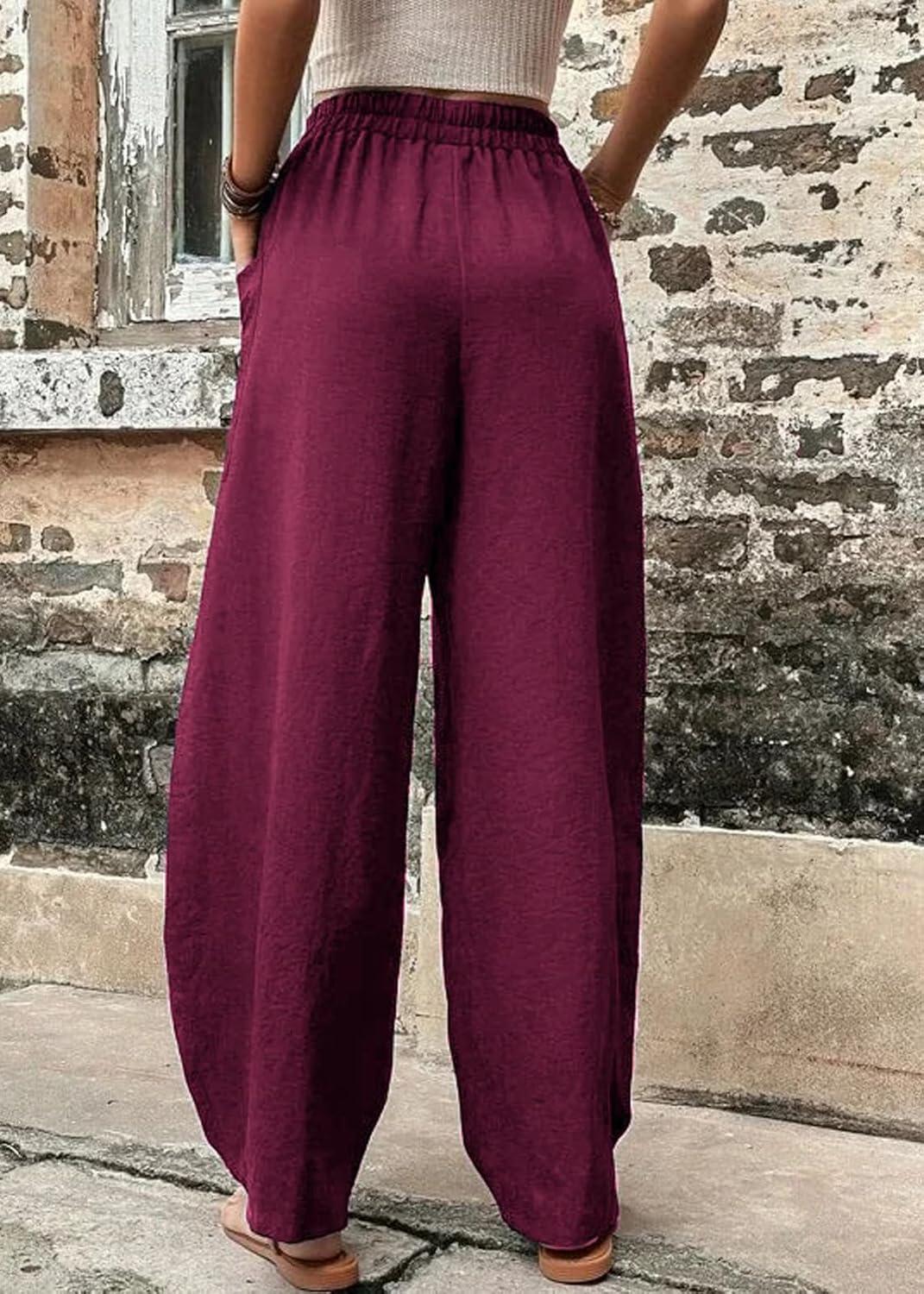 imageCHARTOU Casual Elastic Waist Harem Pants Women with Pockets Summer Barrel Pants Palazzo Sweatpants Lightweight SlacksDark Red