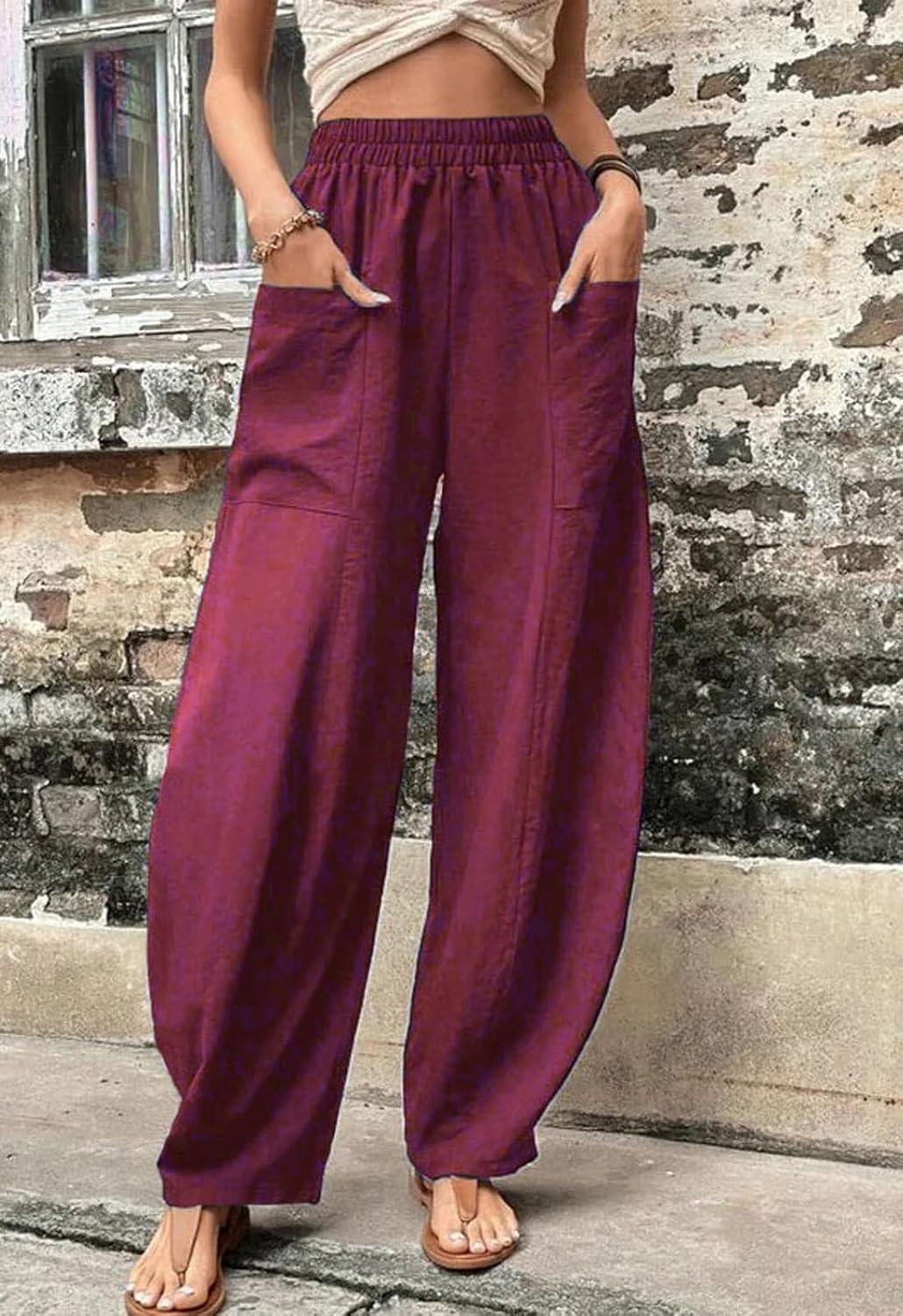 imageCHARTOU Casual Elastic Waist Harem Pants Women with Pockets Summer Barrel Pants Palazzo Sweatpants Lightweight SlacksDark Red