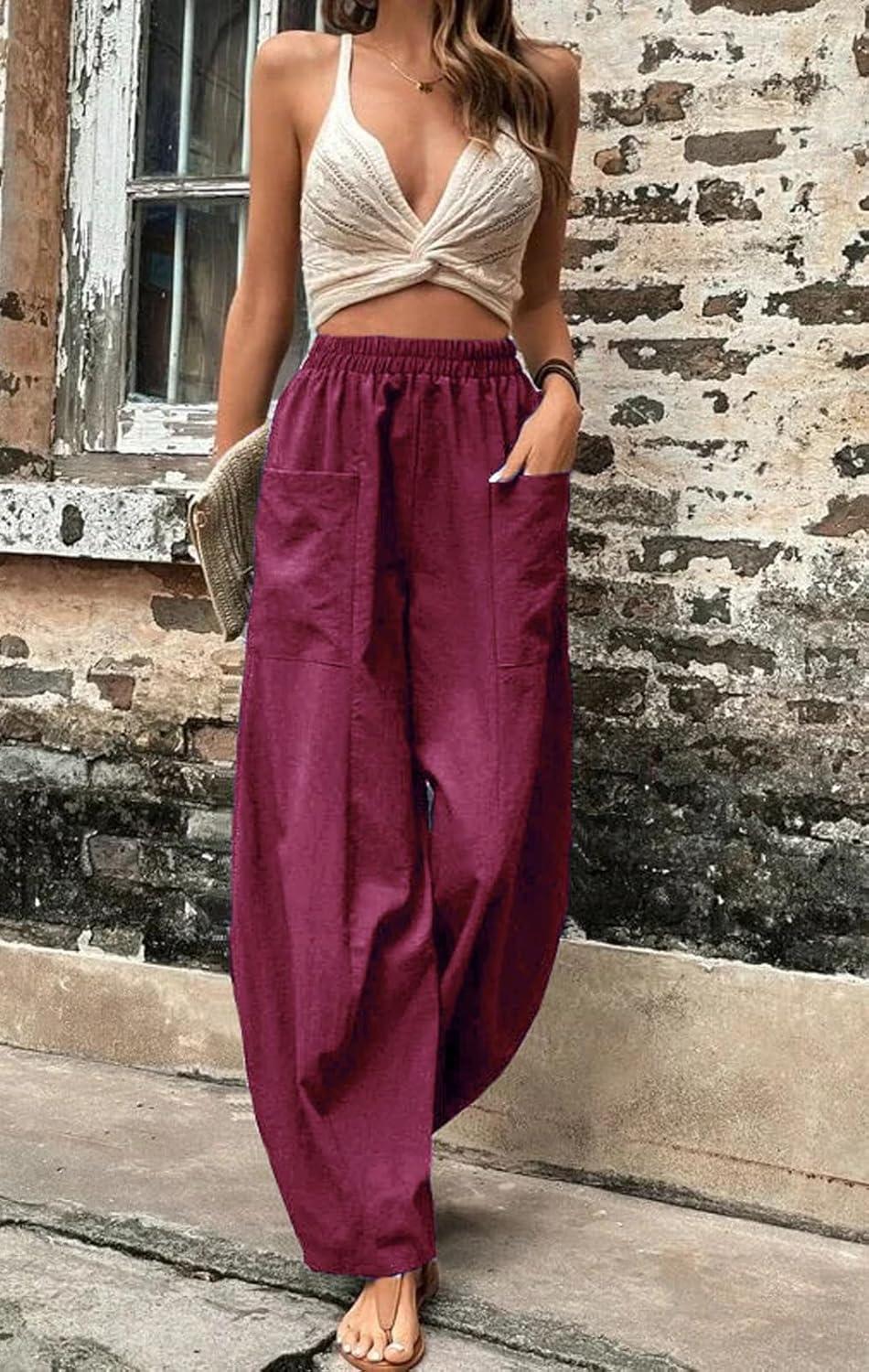 imageCHARTOU Casual Elastic Waist Harem Pants Women with Pockets Summer Barrel Pants Palazzo Sweatpants Lightweight SlacksDark Red