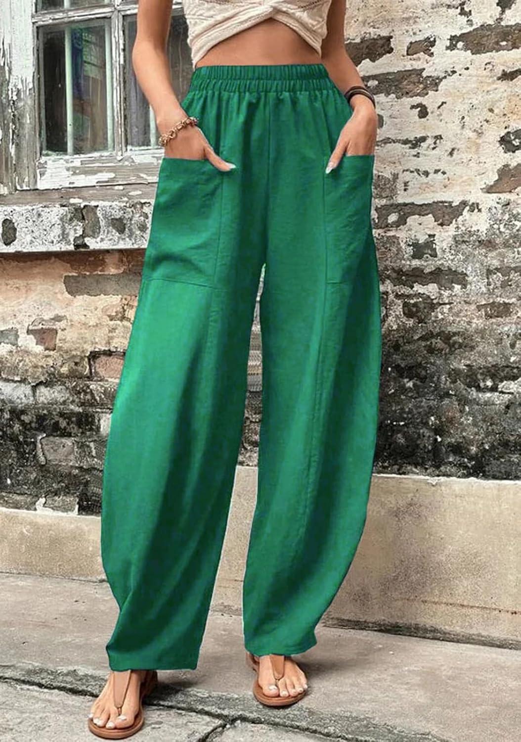 imageCHARTOU Casual Elastic Waist Harem Pants Women with Pockets Summer Barrel Pants Palazzo Sweatpants Lightweight SlacksGreen