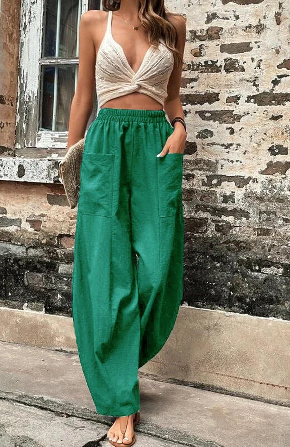 imageCHARTOU Casual Elastic Waist Harem Pants Women with Pockets Summer Barrel Pants Palazzo Sweatpants Lightweight SlacksGreen