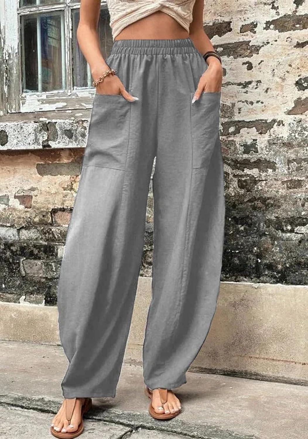 imageCHARTOU Casual Elastic Waist Harem Pants Women with Pockets Summer Barrel Pants Palazzo Sweatpants Lightweight SlacksGrey