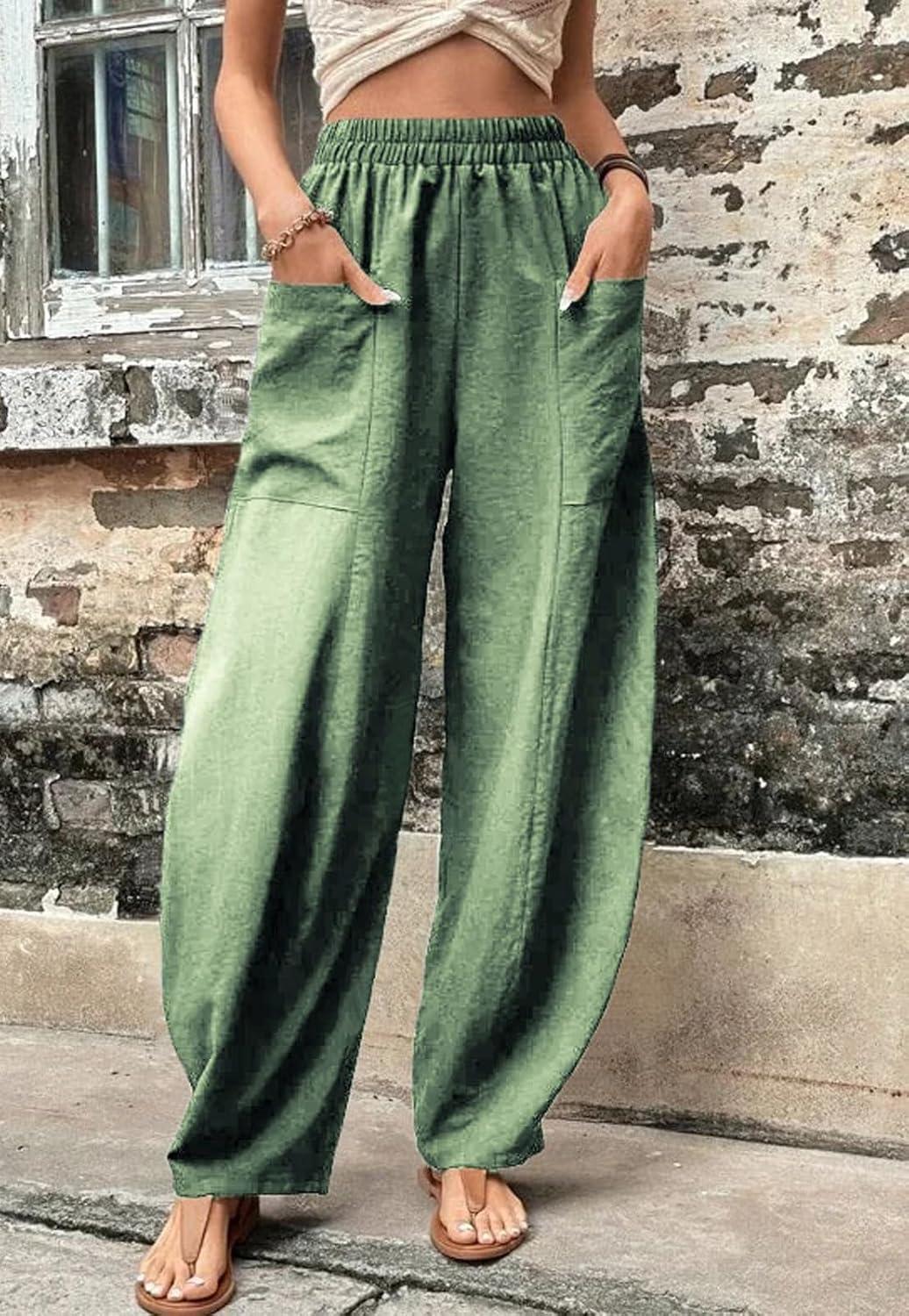 imageCHARTOU Casual Elastic Waist Harem Pants Women with Pockets Summer Barrel Pants Palazzo Sweatpants Lightweight SlacksLight Green