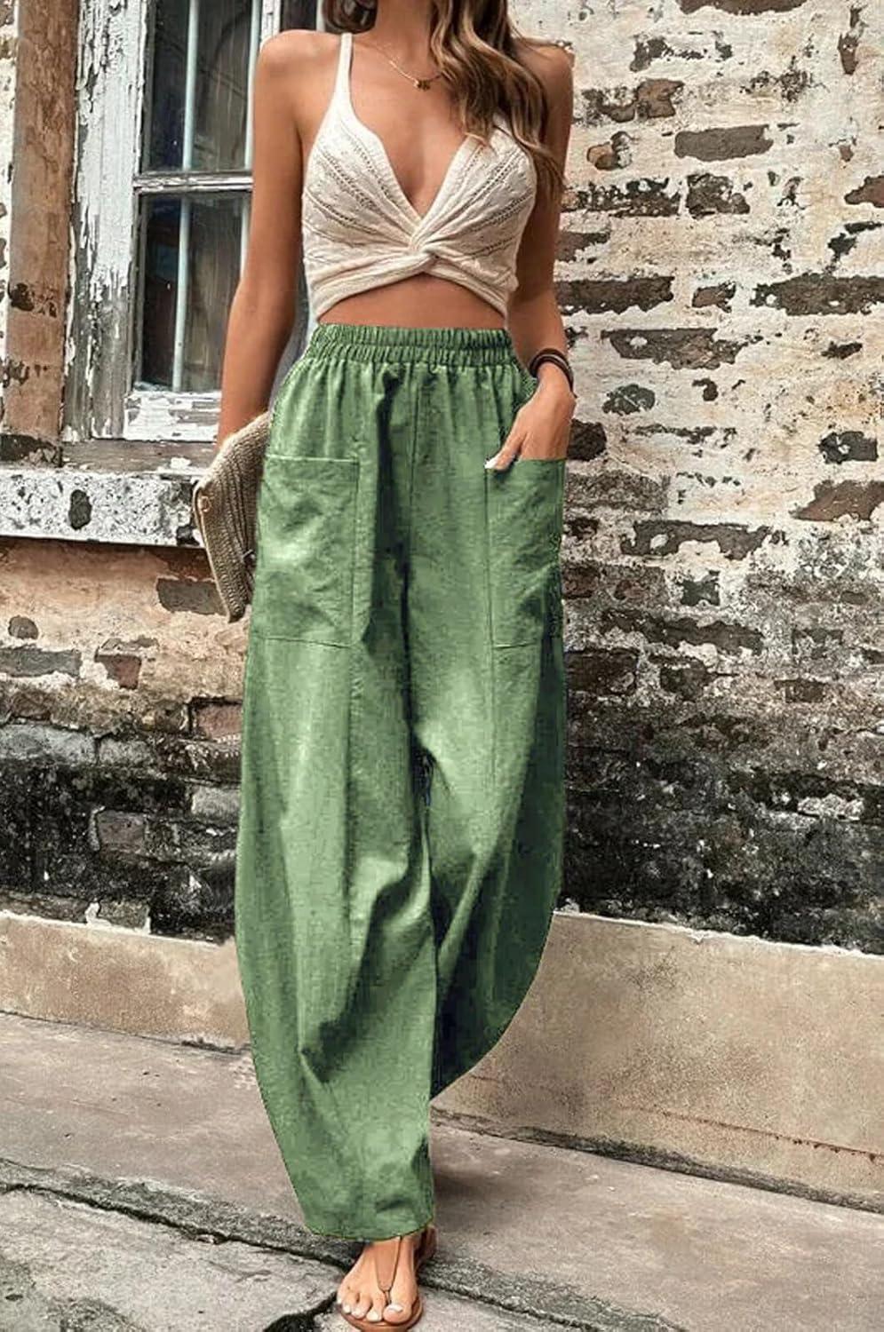 imageCHARTOU Casual Elastic Waist Harem Pants Women with Pockets Summer Barrel Pants Palazzo Sweatpants Lightweight SlacksLight Green
