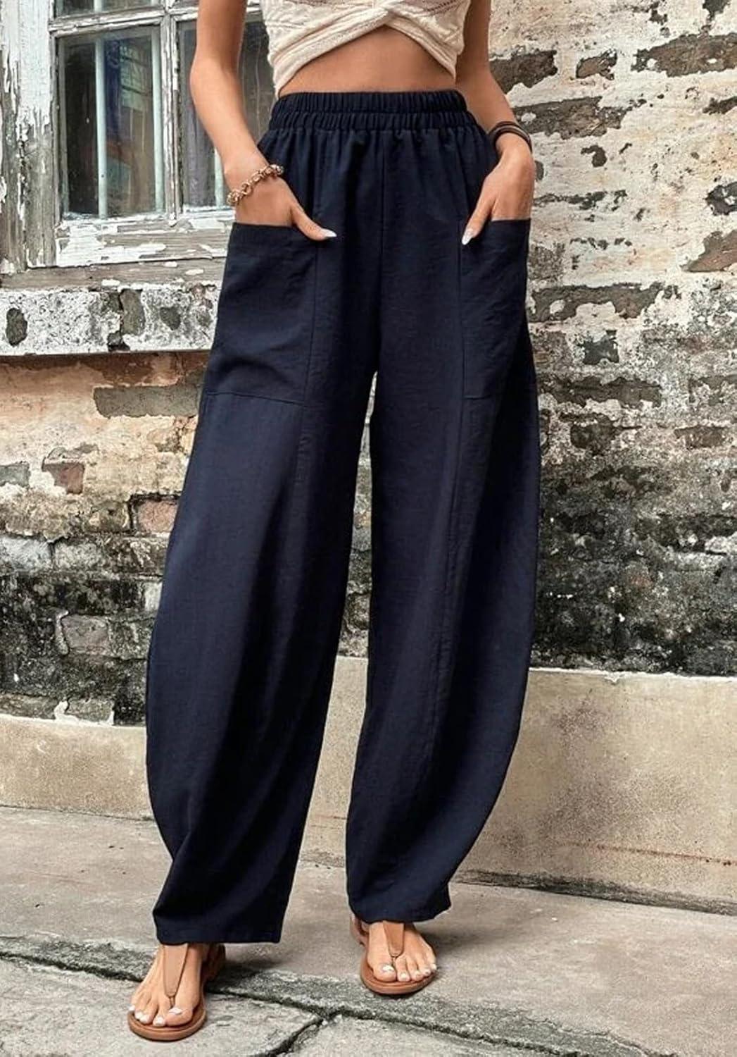 imageCHARTOU Casual Elastic Waist Harem Pants Women with Pockets Summer Barrel Pants Palazzo Sweatpants Lightweight SlacksNavy