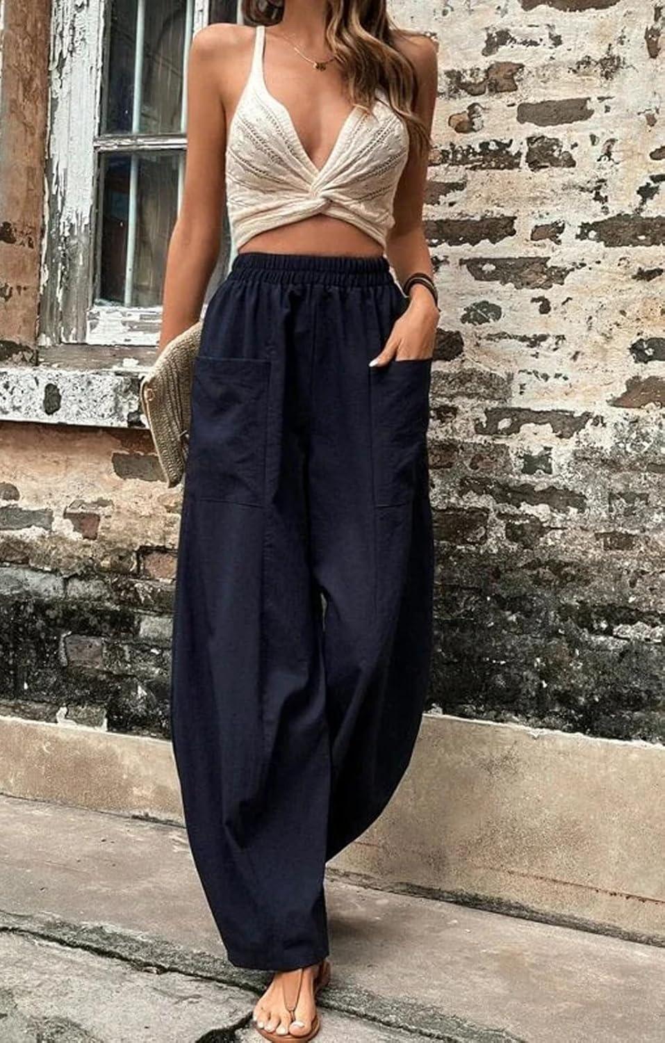 imageCHARTOU Casual Elastic Waist Harem Pants Women with Pockets Summer Barrel Pants Palazzo Sweatpants Lightweight SlacksNavy