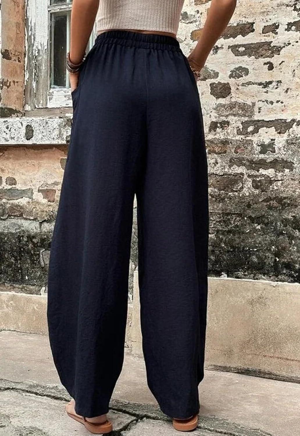 imageCHARTOU Casual Elastic Waist Harem Pants Women with Pockets Summer Barrel Pants Palazzo Sweatpants Lightweight SlacksNavy