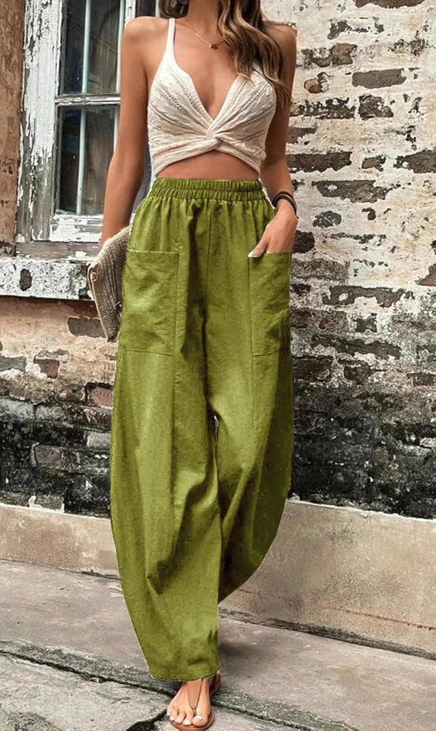 imageCHARTOU Casual Elastic Waist Harem Pants Women with Pockets Summer Barrel Pants Palazzo Sweatpants Lightweight SlacksOlive Green