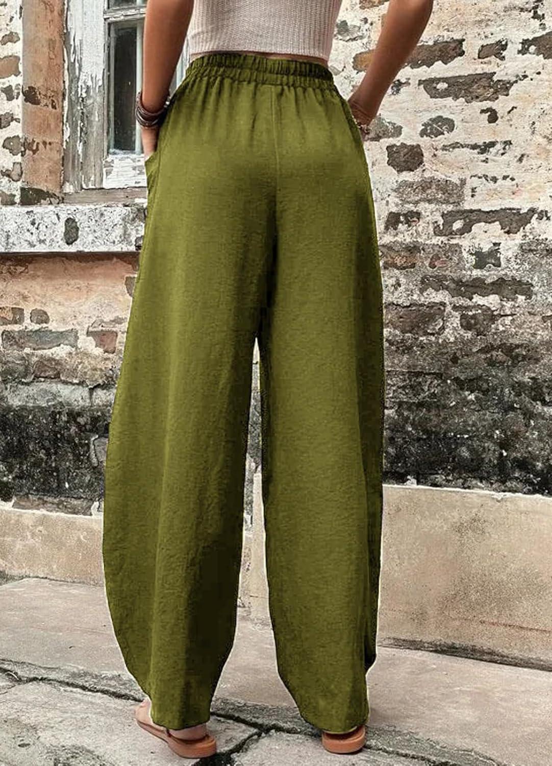 imageCHARTOU Casual Elastic Waist Harem Pants Women with Pockets Summer Barrel Pants Palazzo Sweatpants Lightweight SlacksOlive Green