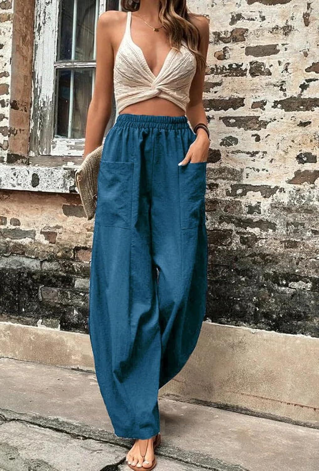 imageCHARTOU Casual Elastic Waist Harem Pants Women with Pockets Summer Barrel Pants Palazzo Sweatpants Lightweight SlacksPeacock Green