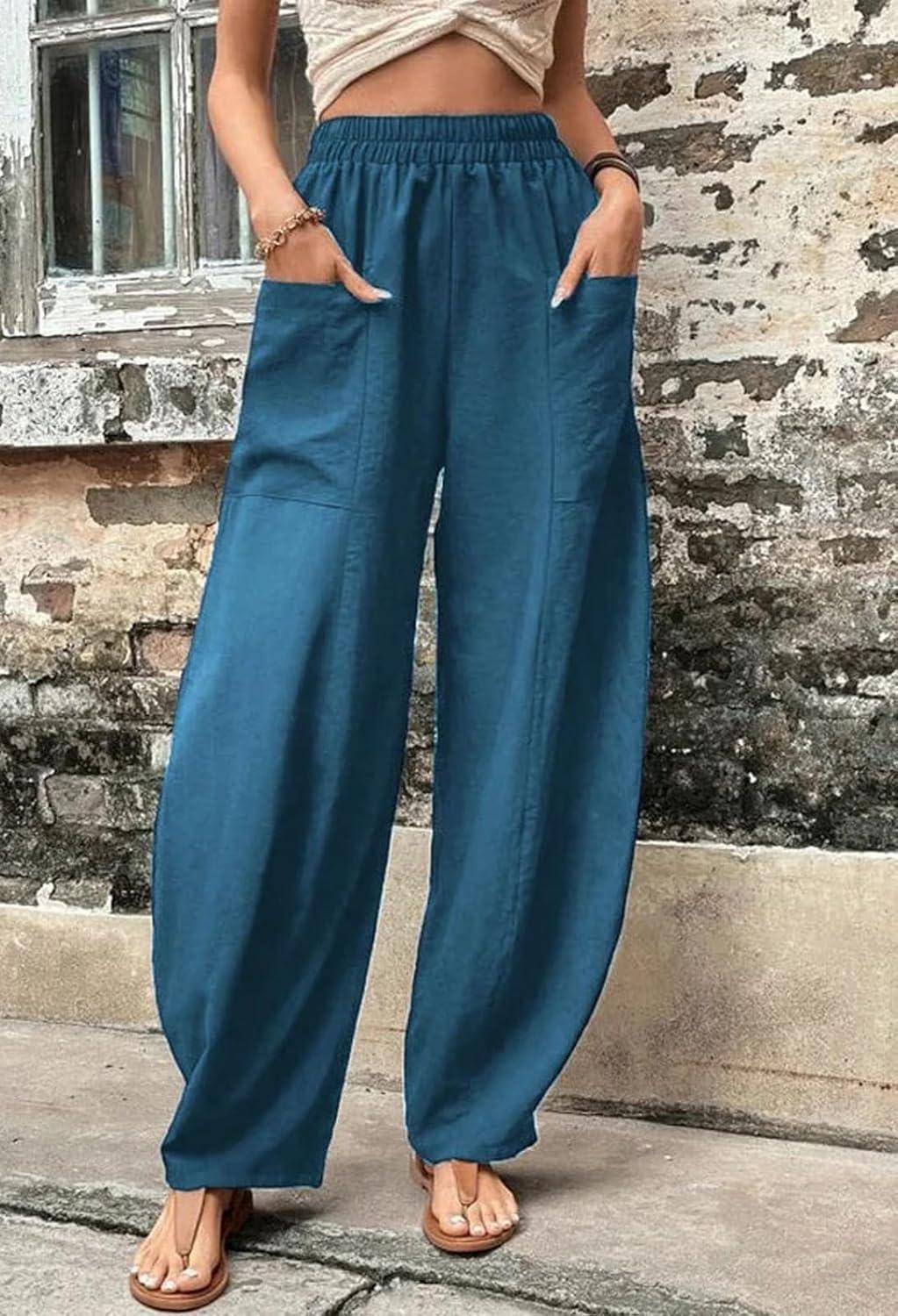 imageCHARTOU Casual Elastic Waist Harem Pants Women with Pockets Summer Barrel Pants Palazzo Sweatpants Lightweight SlacksPeacock Green