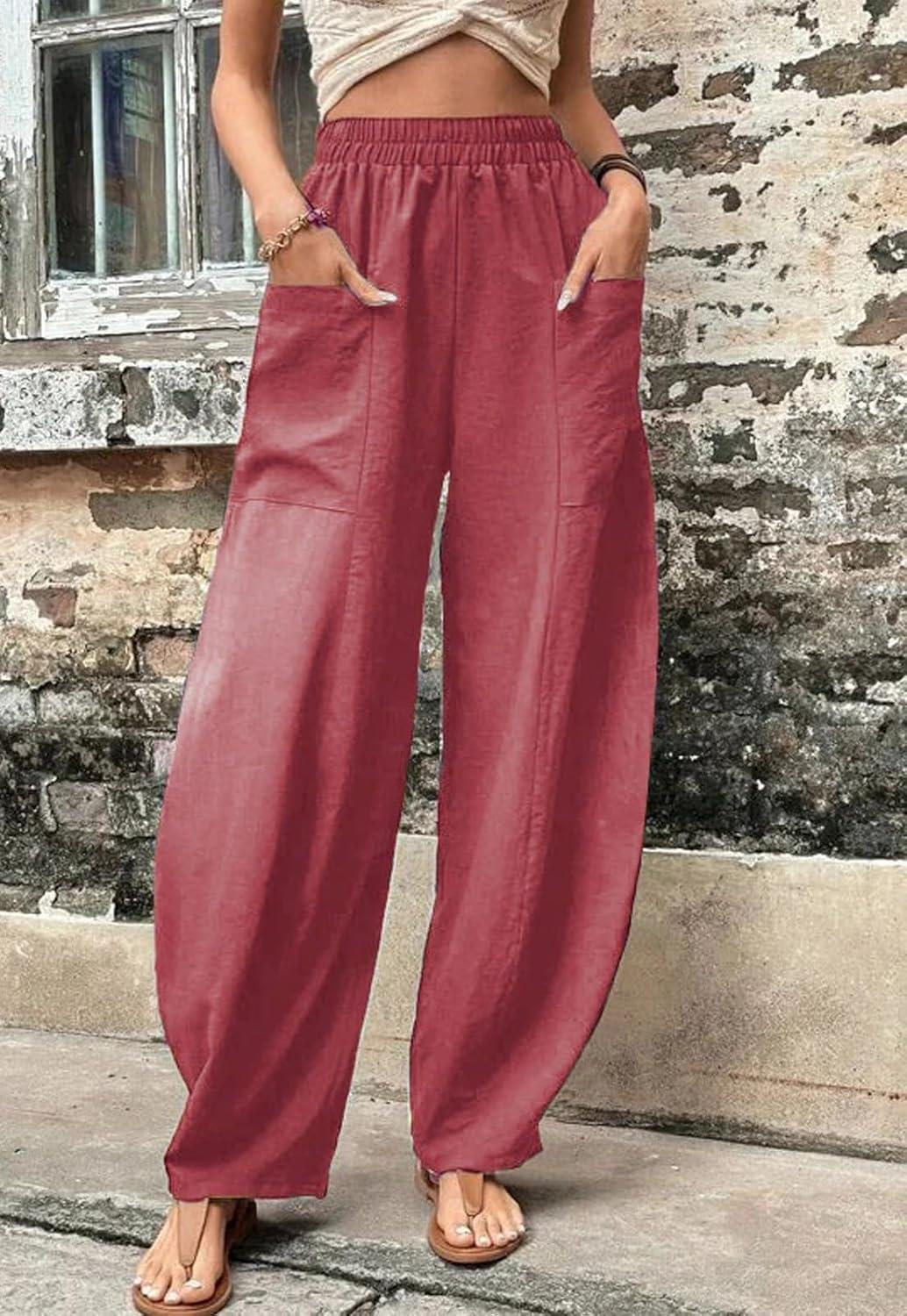 imageCHARTOU Casual Elastic Waist Harem Pants Women with Pockets Summer Barrel Pants Palazzo Sweatpants Lightweight SlacksRed
