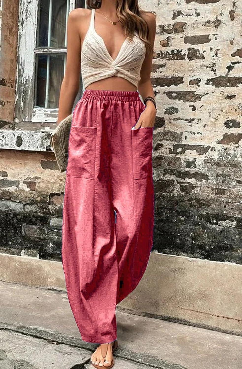 imageCHARTOU Casual Elastic Waist Harem Pants Women with Pockets Summer Barrel Pants Palazzo Sweatpants Lightweight SlacksRed
