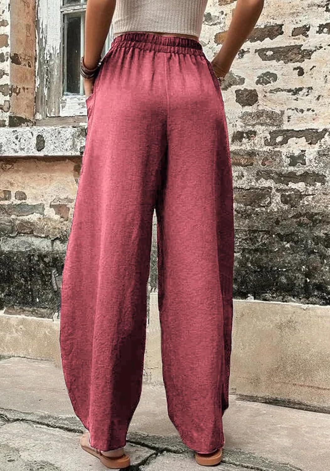 imageCHARTOU Casual Elastic Waist Harem Pants Women with Pockets Summer Barrel Pants Palazzo Sweatpants Lightweight SlacksRed