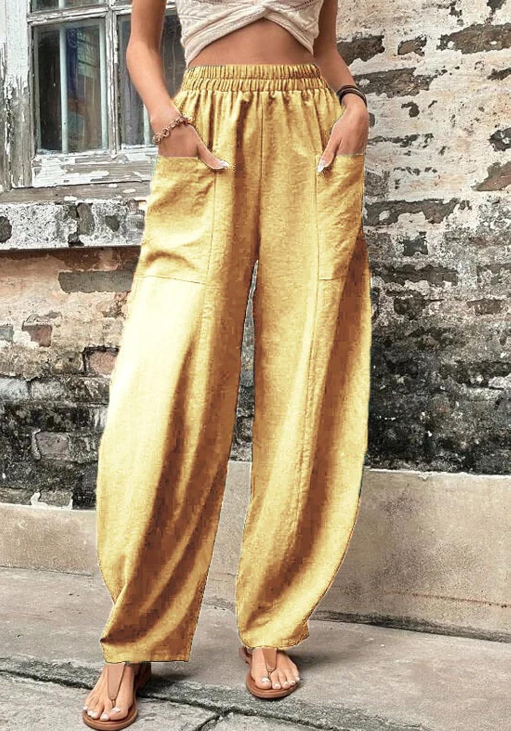 imageCHARTOU Casual Elastic Waist Harem Pants Women with Pockets Summer Barrel Pants Palazzo Sweatpants Lightweight SlacksYellow
