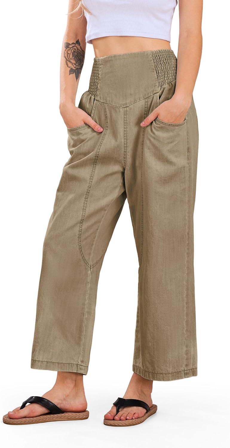 imageCHARTOU Denim Harem Pants for Women Loose Fit Wide Leg Cropped Barrel JeansKhaki