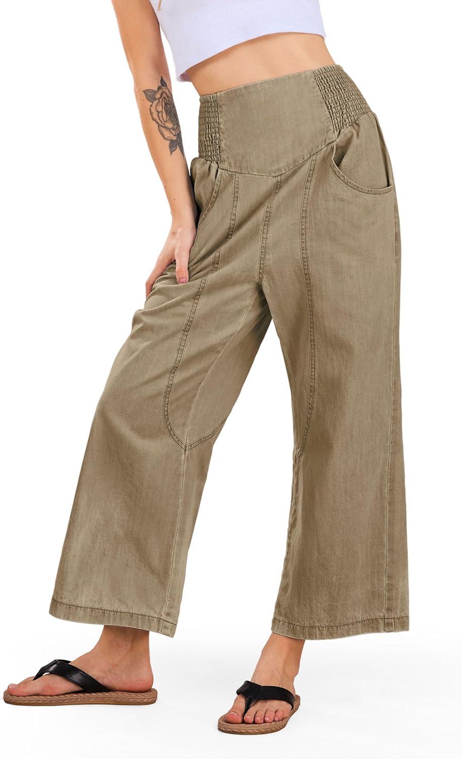 imageCHARTOU Denim Harem Pants for Women Loose Fit Wide Leg Cropped Barrel JeansKhaki