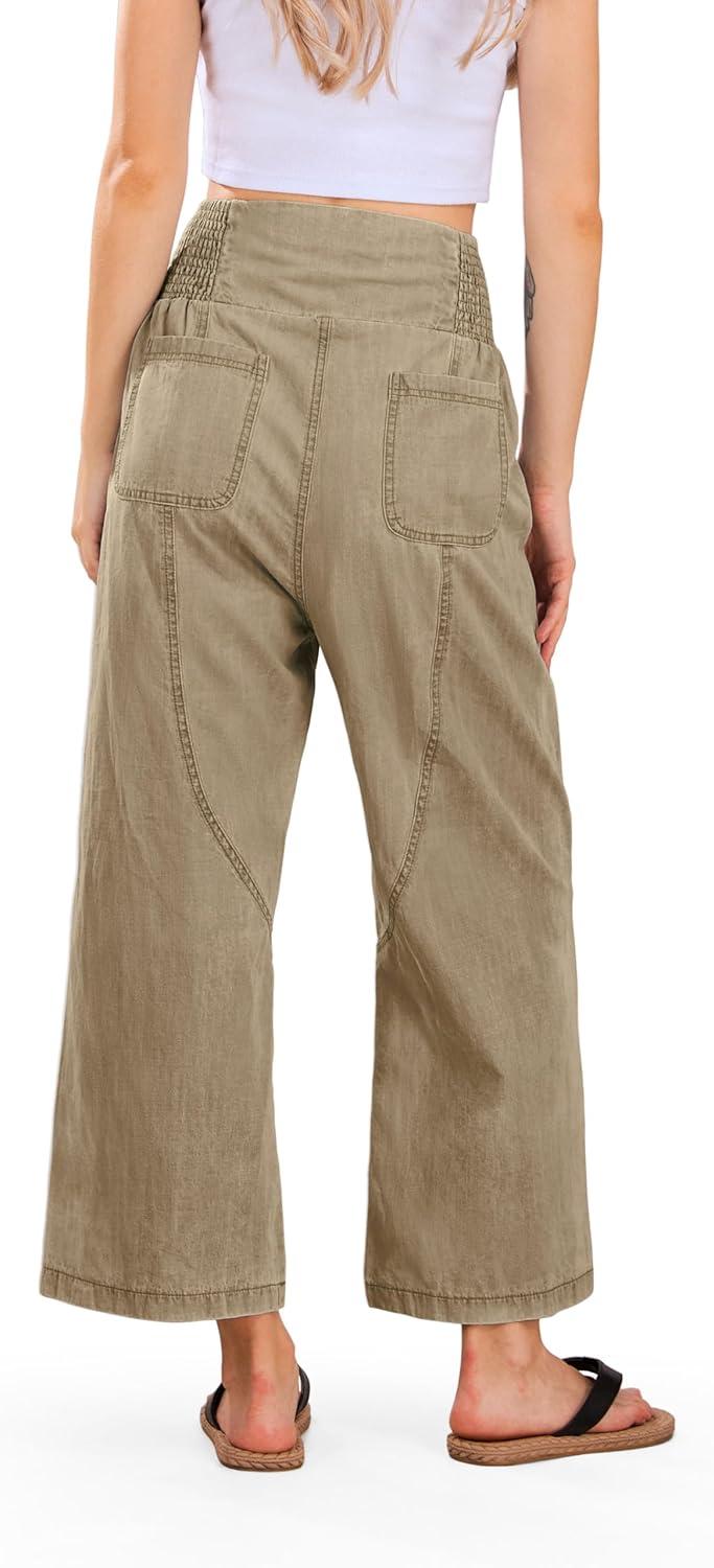 imageCHARTOU Denim Harem Pants for Women Loose Fit Wide Leg Cropped Barrel JeansKhaki