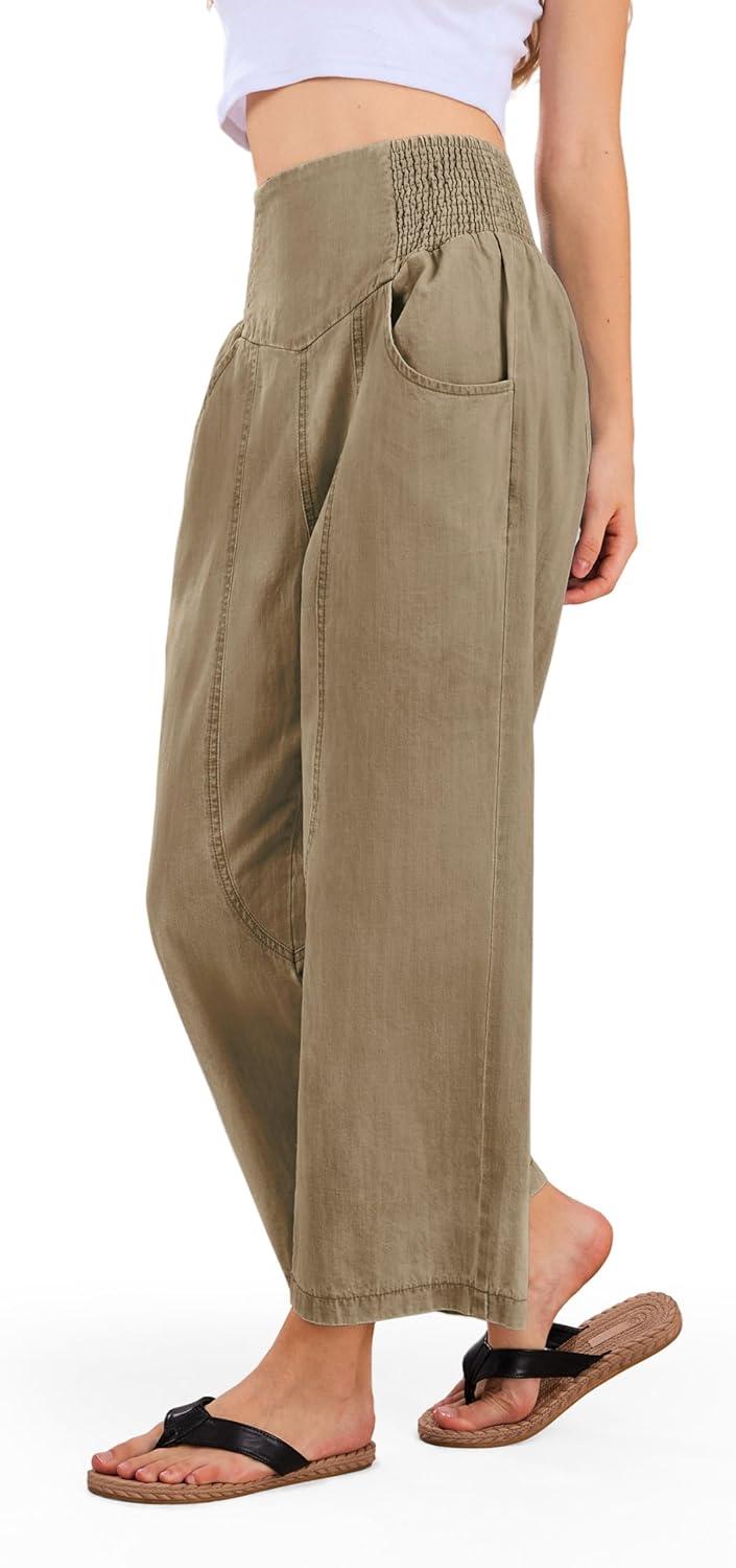 imageCHARTOU Denim Harem Pants for Women Loose Fit Wide Leg Cropped Barrel JeansKhaki