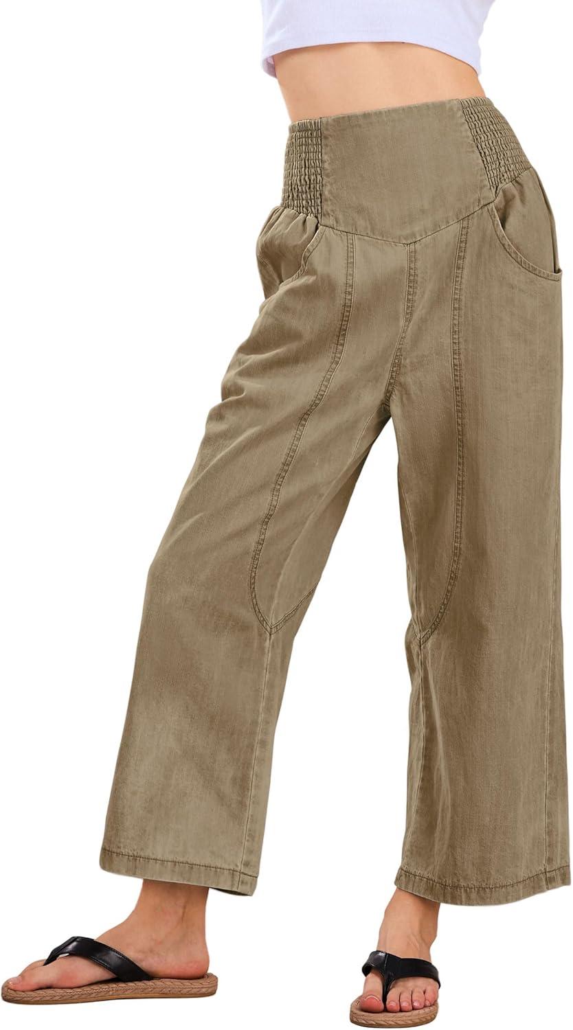 imageCHARTOU Denim Harem Pants for Women Loose Fit Wide Leg Cropped Barrel JeansKhaki