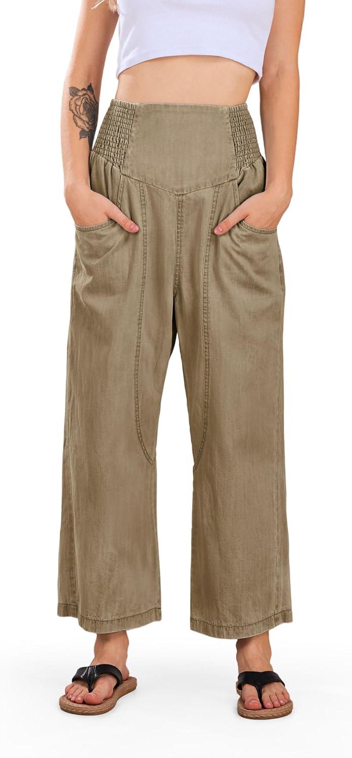 imageCHARTOU Denim Harem Pants for Women Loose Fit Wide Leg Cropped Barrel JeansKhaki