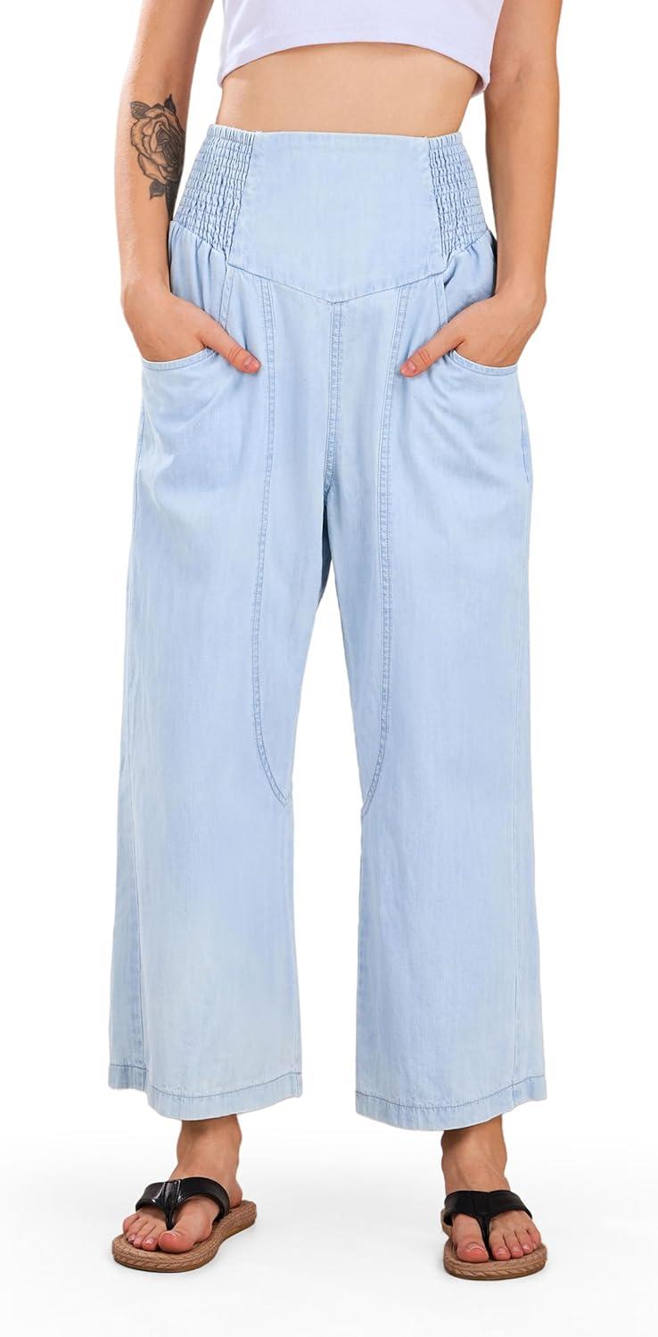 imageCHARTOU Denim Harem Pants for Women Loose Fit Wide Leg Cropped Barrel JeansLight Blue