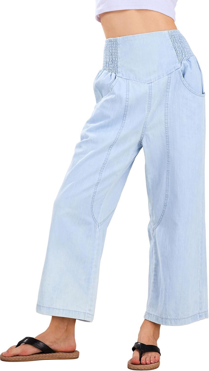 imageCHARTOU Denim Harem Pants for Women Loose Fit Wide Leg Cropped Barrel JeansLight Blue