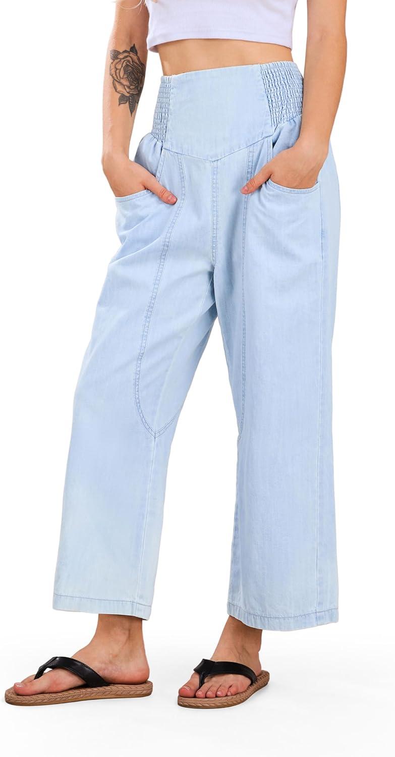imageCHARTOU Denim Harem Pants for Women Loose Fit Wide Leg Cropped Barrel JeansLight Blue