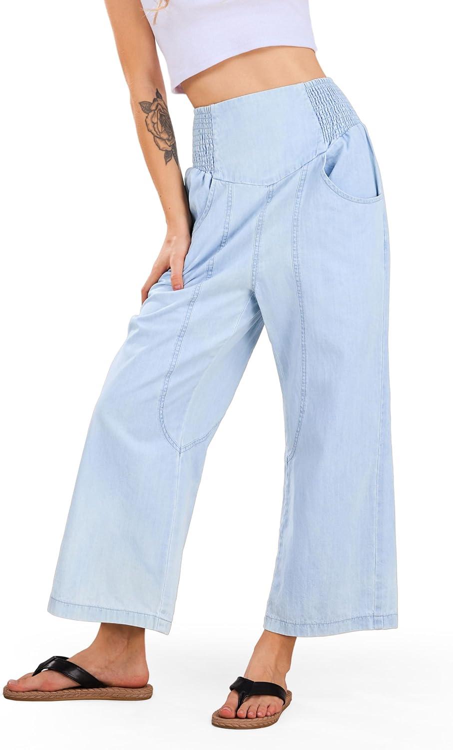 imageCHARTOU Denim Harem Pants for Women Loose Fit Wide Leg Cropped Barrel JeansLight Blue