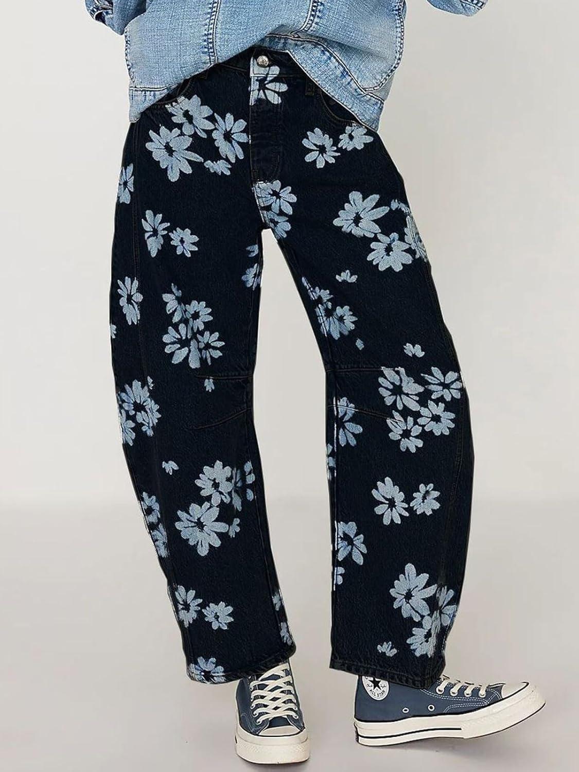 imageCHARTOU Floral Barrel Jeans Women Y2k Baggy Wide Leg Pants Patchwork Boyfriend Cargo Printed Denim JeansBlack