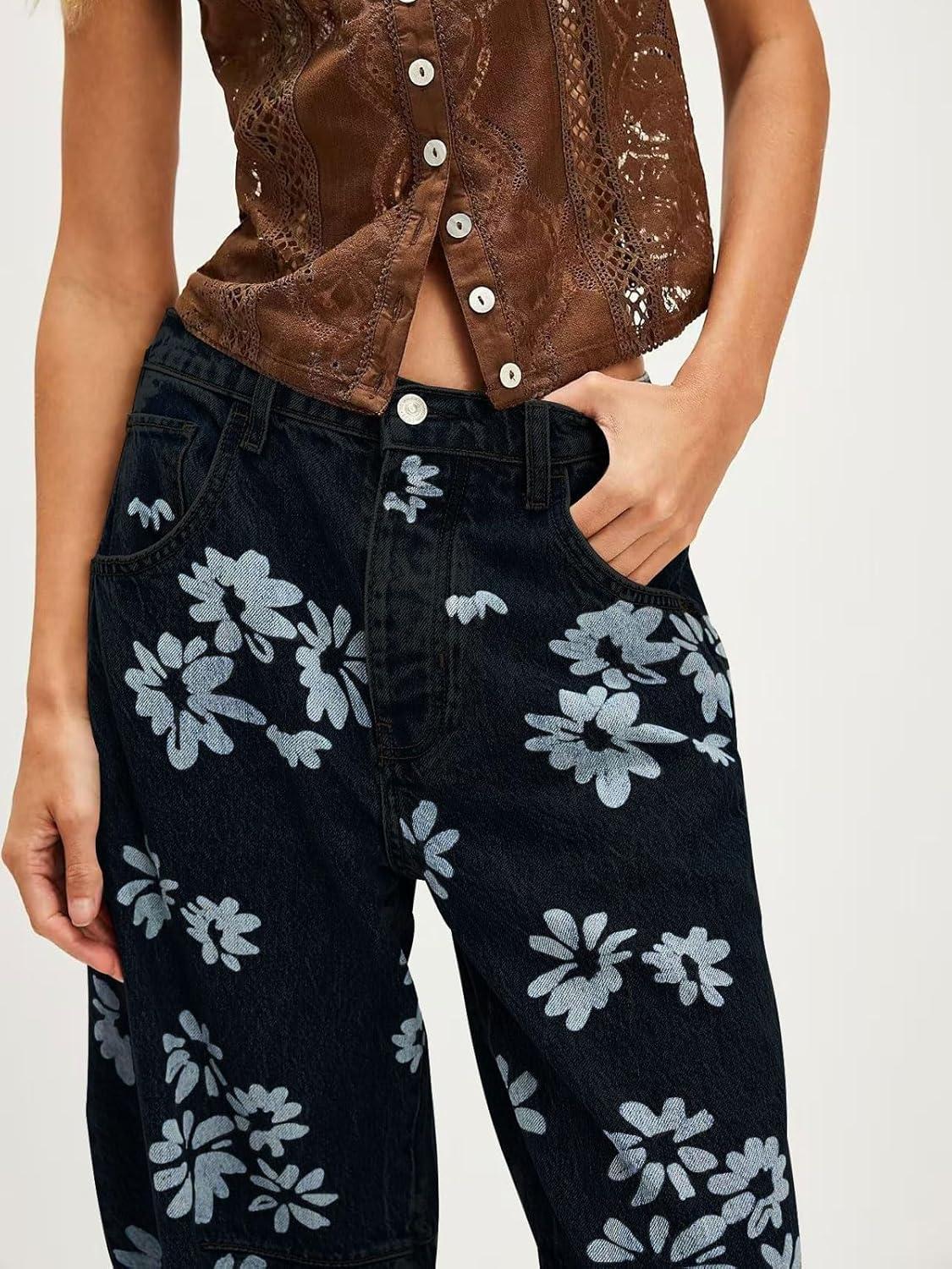 imageCHARTOU Floral Barrel Jeans Women Y2k Baggy Wide Leg Pants Patchwork Boyfriend Cargo Printed Denim JeansBlack