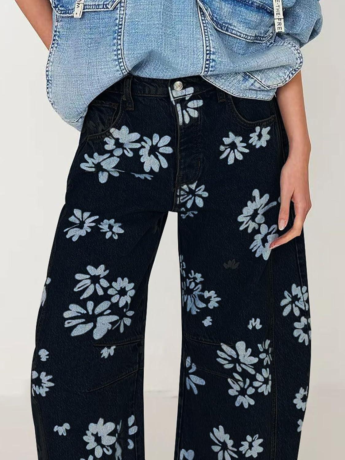 imageCHARTOU Floral Barrel Jeans Women Y2k Baggy Wide Leg Pants Patchwork Boyfriend Cargo Printed Denim JeansBlack
