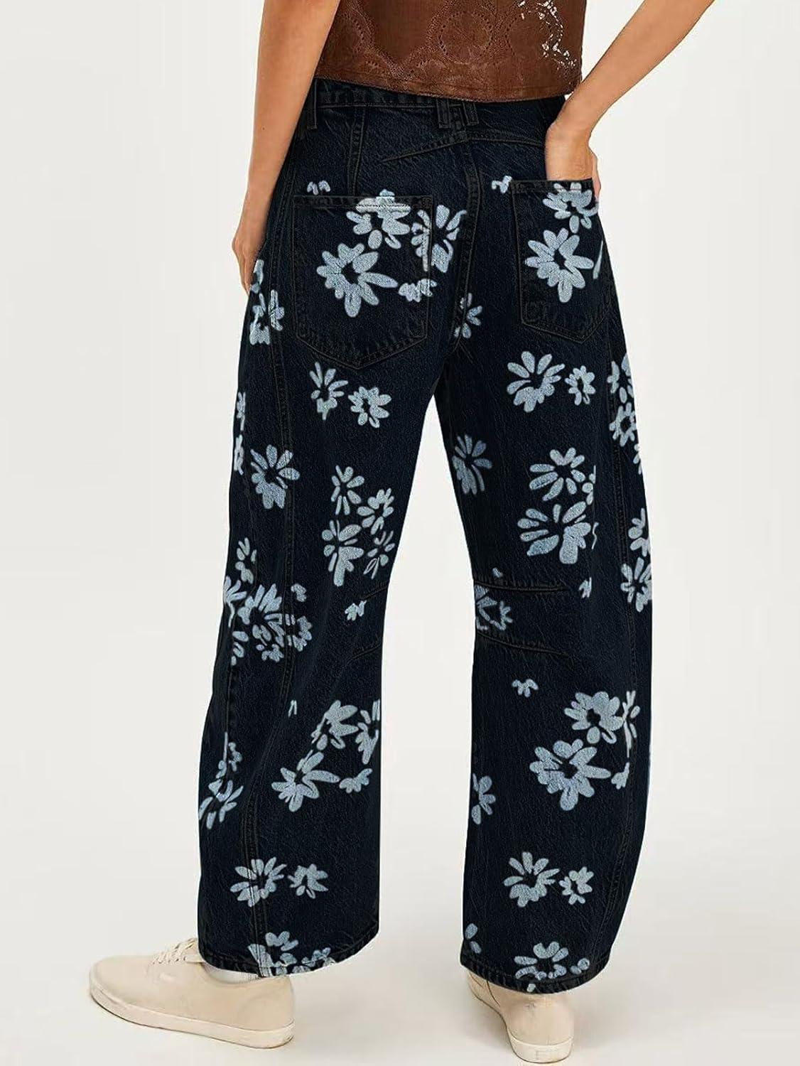 imageCHARTOU Floral Barrel Jeans Women Y2k Baggy Wide Leg Pants Patchwork Boyfriend Cargo Printed Denim JeansBlack