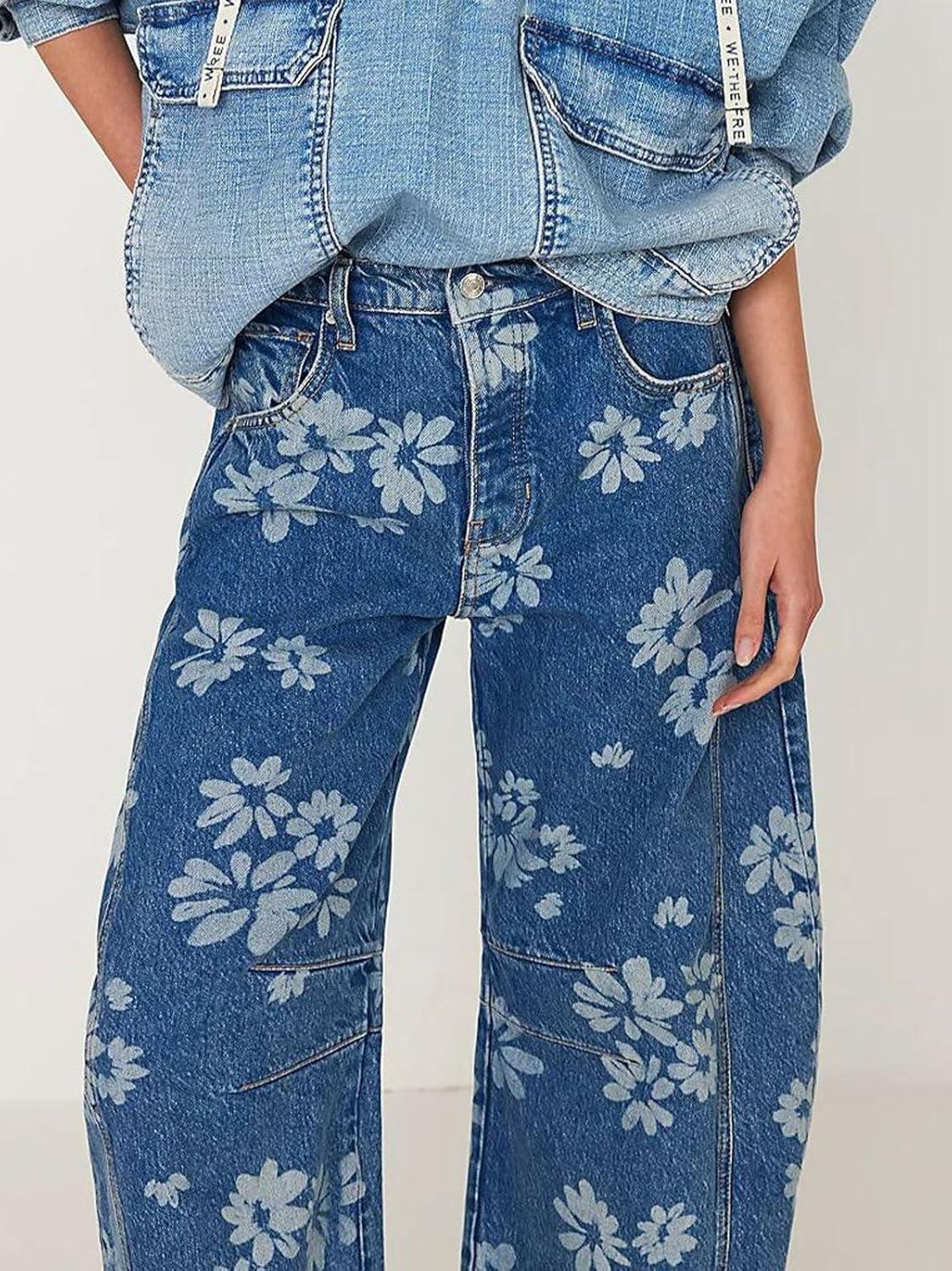 imageCHARTOU Floral Barrel Jeans Women Y2k Baggy Wide Leg Pants Patchwork Boyfriend Cargo Printed Denim JeansBlue