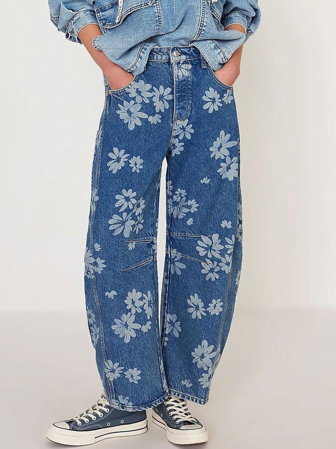 imageCHARTOU Floral Barrel Jeans Women Y2k Baggy Wide Leg Pants Patchwork Boyfriend Cargo Printed Denim JeansBlue