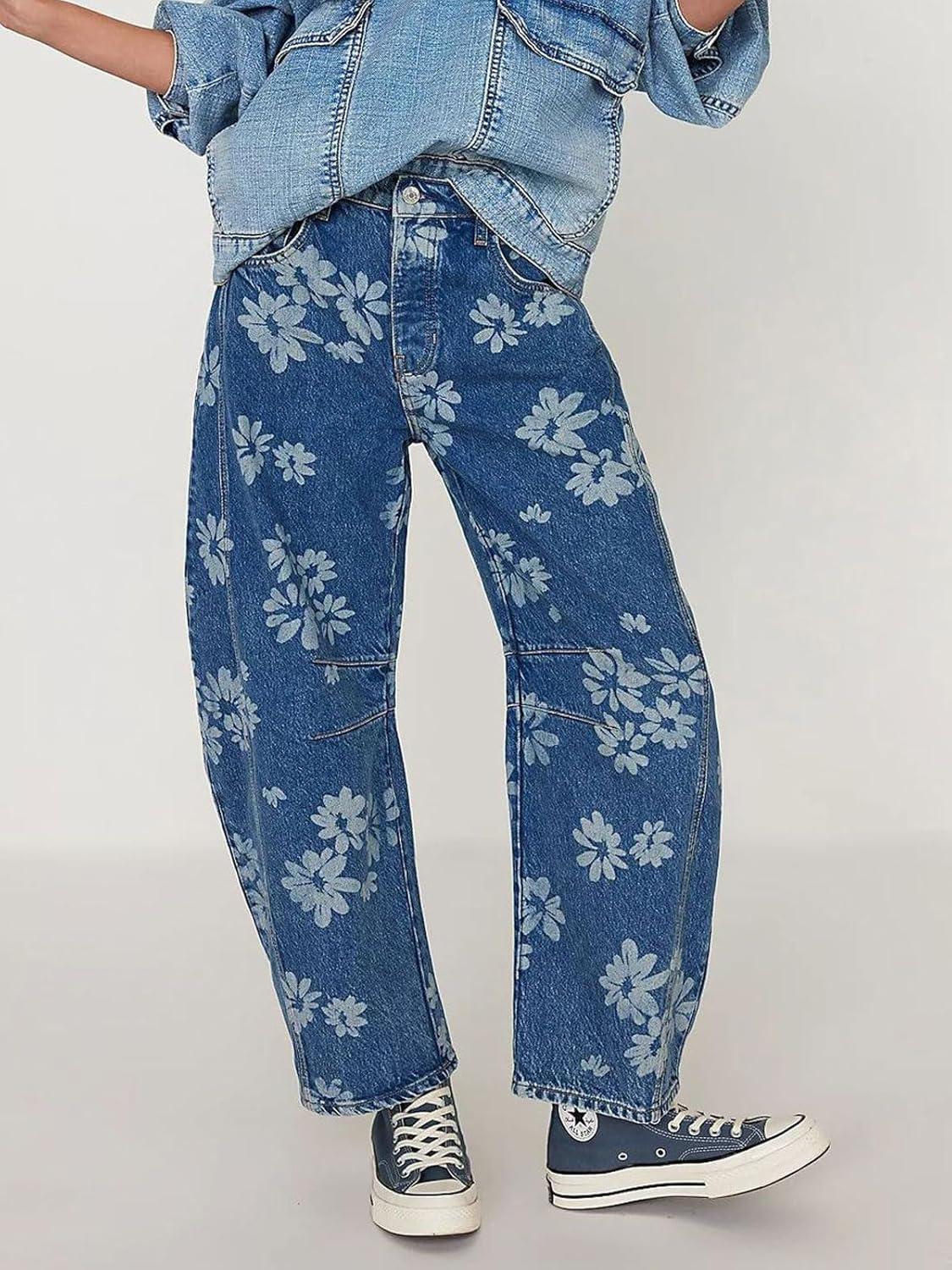 imageCHARTOU Floral Barrel Jeans Women Y2k Baggy Wide Leg Pants Patchwork Boyfriend Cargo Printed Denim JeansBlue