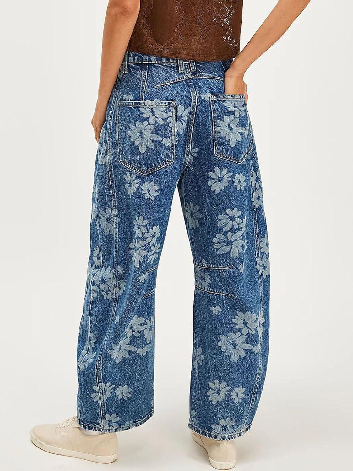 imageCHARTOU Floral Barrel Jeans Women Y2k Baggy Wide Leg Pants Patchwork Boyfriend Cargo Printed Denim JeansBlue