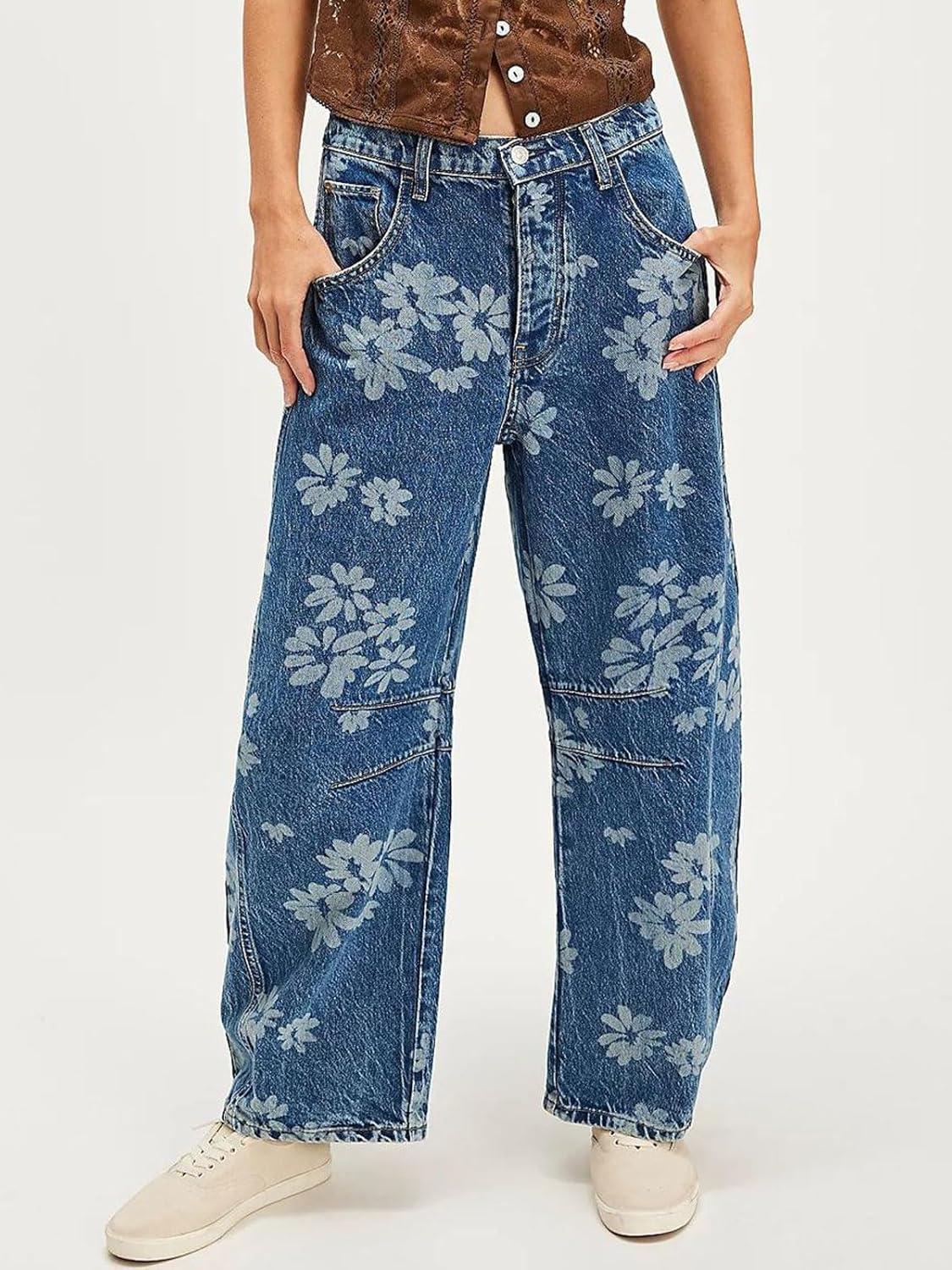 imageCHARTOU Floral Barrel Jeans Women Y2k Baggy Wide Leg Pants Patchwork Boyfriend Cargo Printed Denim JeansBlue