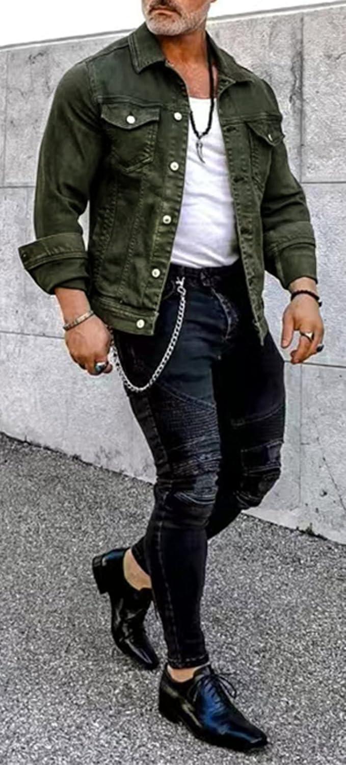 imageCHARTOU Mens Denim Jacket Casual Regular Fit Button Down Long Sleeve Jean Trucker JacketArmy Green